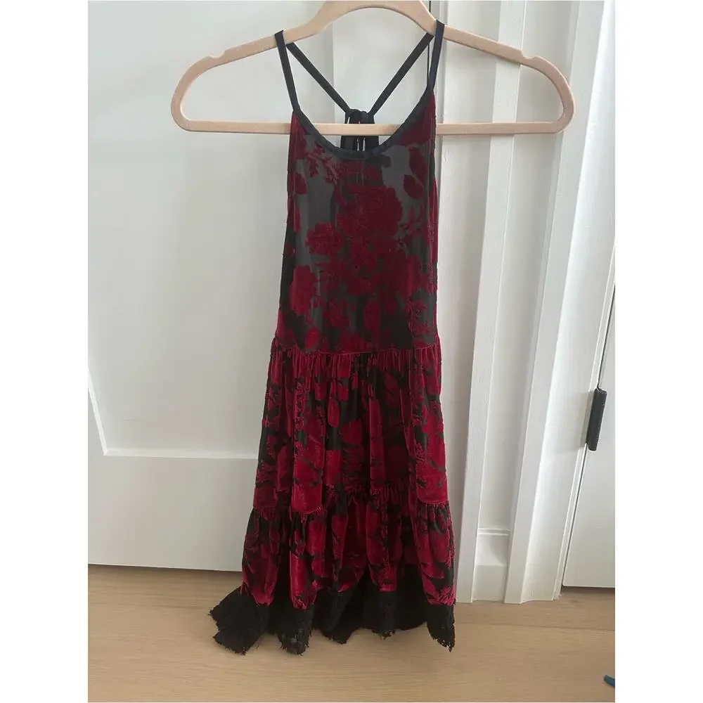 Free People Y2K Red Velvet Sheer Babydoll Dress